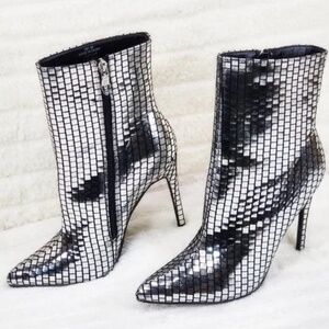 Mack J Shiny Silver Tile Print 4.5" High Heel Ankle Boots